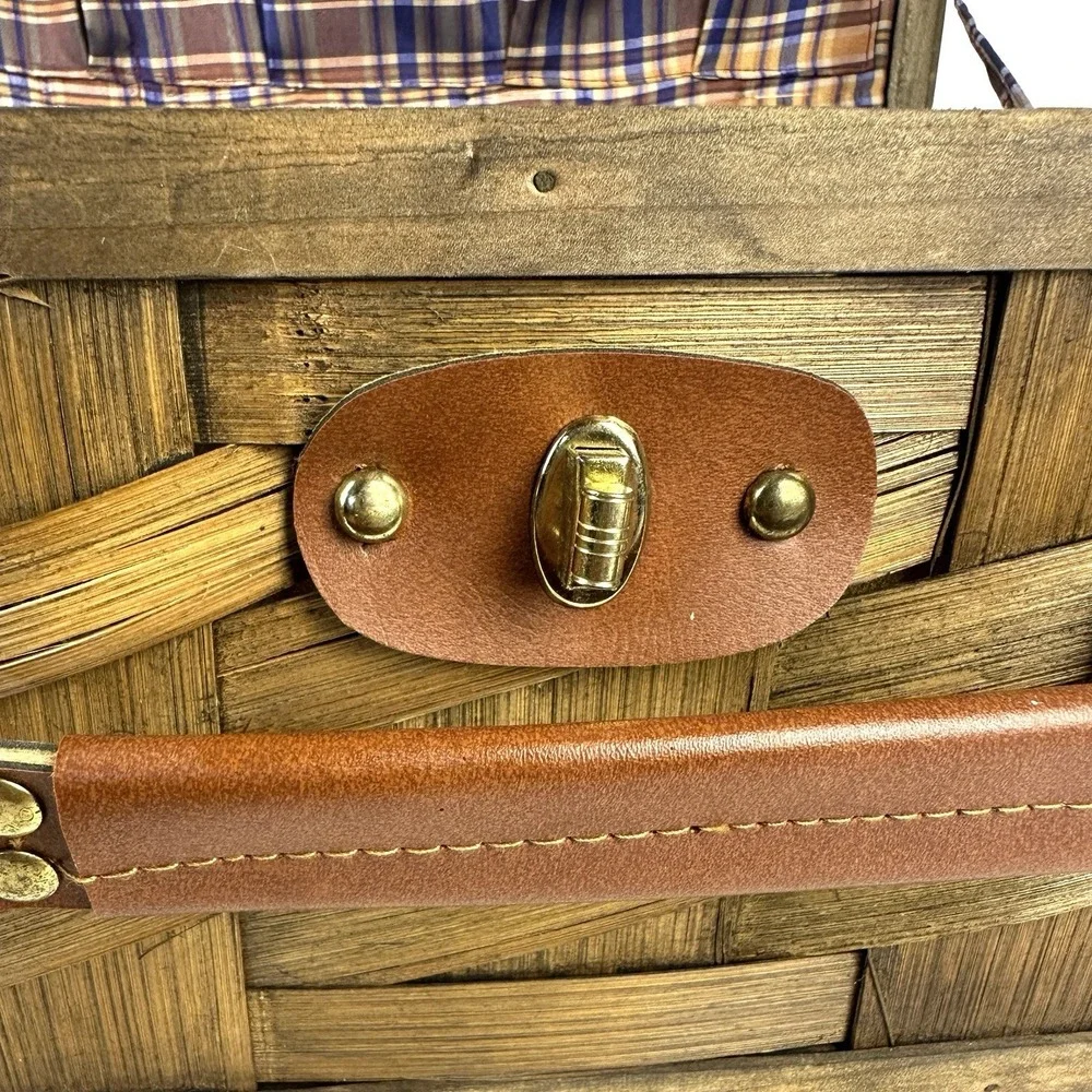 Vintage Woven Wood Picnic Basket Plaid Lined Folding Handle Storage Basket